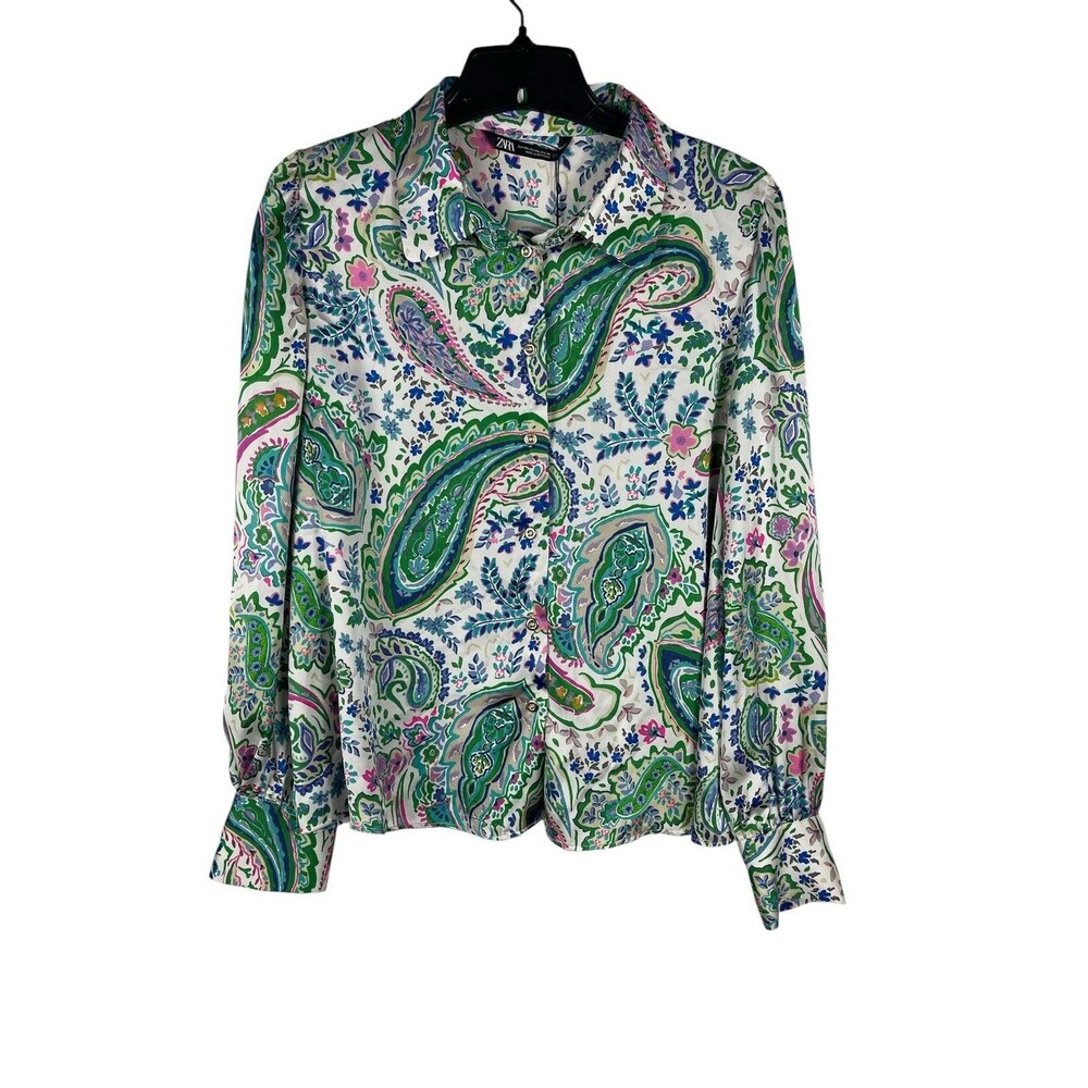 Zara Blouse XXL Paisley Floral Button Front Long Sleeve Shirt Green Pink NWT